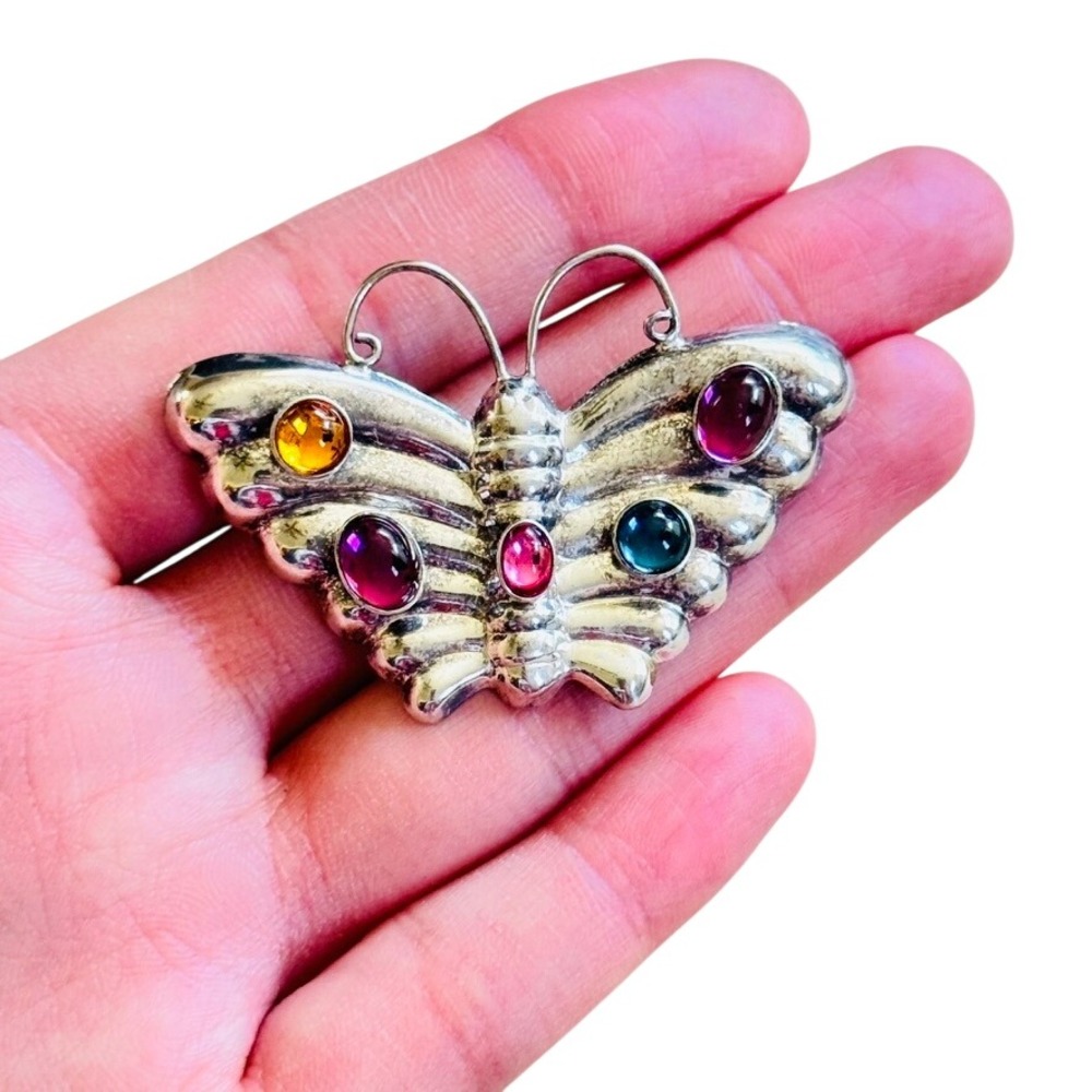 Art Deco Sterling Silver Butterfly Moth Brooch Pin VTG Candy Gemstone Cabochon